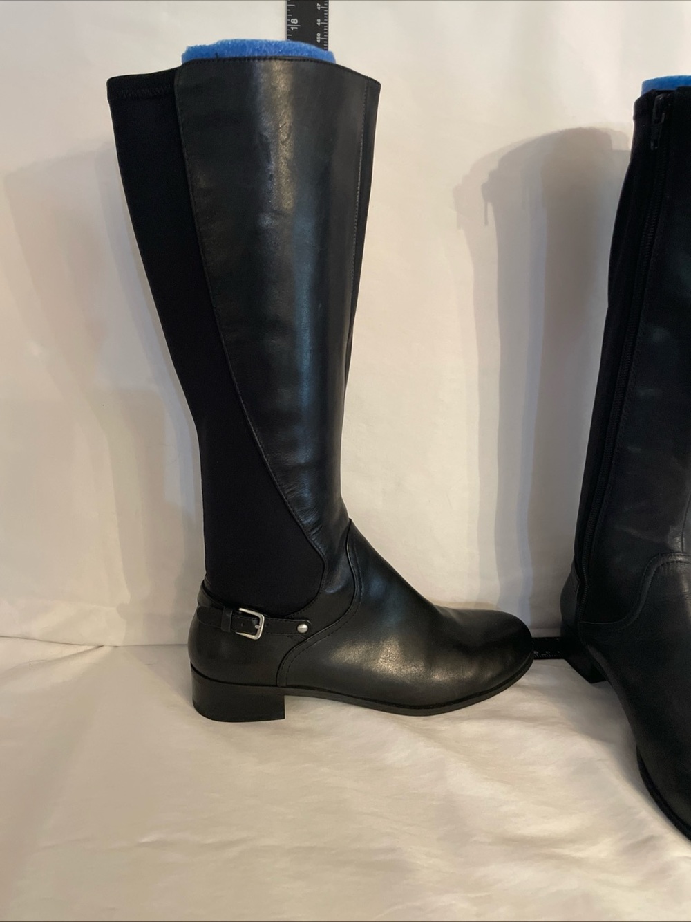 Women's Black Leather-Look Tall Riding Boots with Ankle Buckle